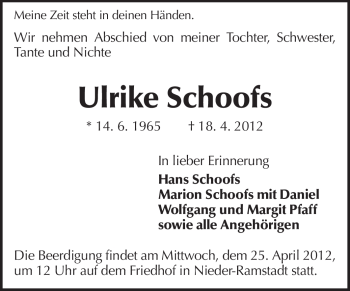 Traueranzeige von Ulrike Schoofs von Echo-Zeitungen (Gesamtausgabe)