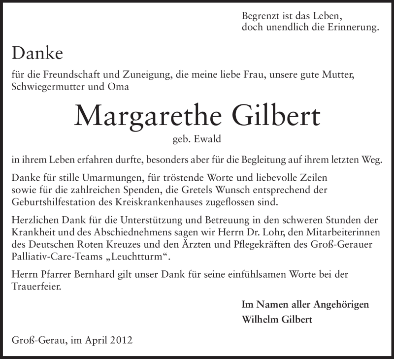  Traueranzeige für Margarethe Gilbert vom 21.04.2012 aus Rüsselsheimer Echo, Groß-Gerauer-Echo, Ried Echo