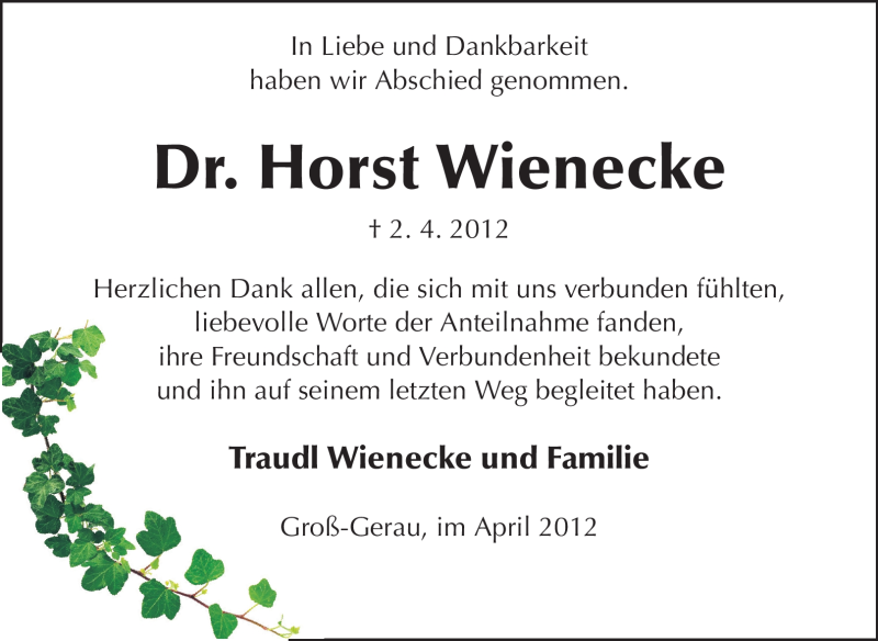  Traueranzeige für Horst Wienecke vom 21.04.2012 aus Rüsselsheimer Echo, Groß-Gerauer-Echo, Ried Echo