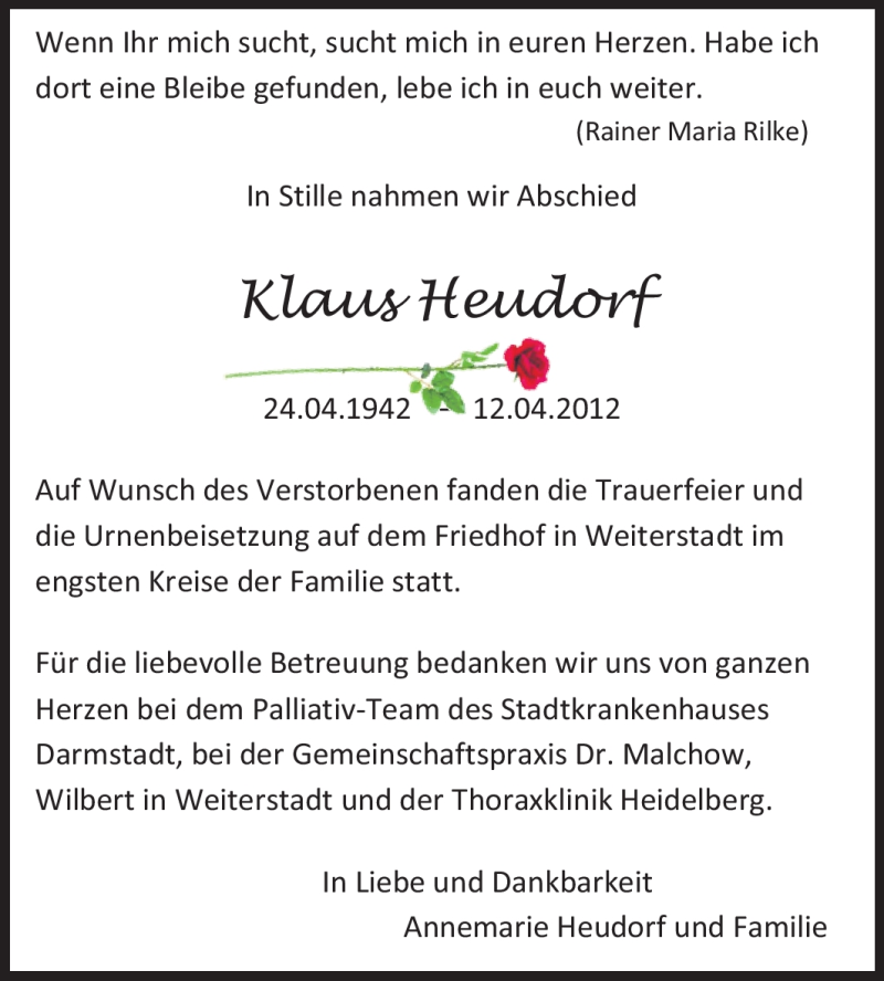  Traueranzeige für Klaus Heudorf vom 25.04.2012 aus Echo-Zeitungen (Gesamtausgabe)