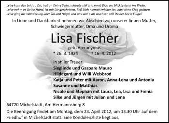 Traueranzeige von Lisa Fischer  von Odenwälder Echo