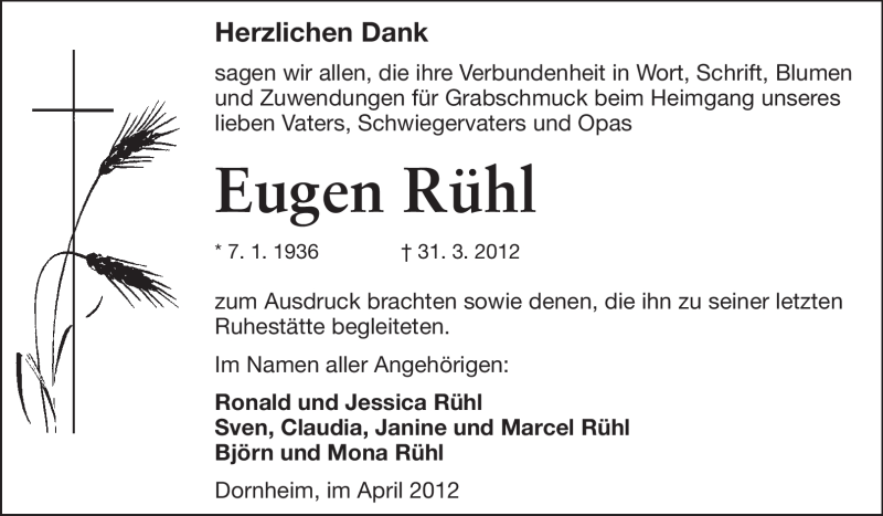  Traueranzeige für Eugen Rühl vom 21.04.2012 aus Rüsselsheimer Echo, Groß-Gerauer-Echo, Ried Echo