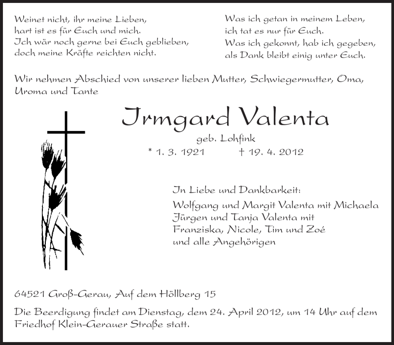  Traueranzeige für Irmgard Valenta vom 21.04.2012 aus Rüsselsheimer Echo, Groß-Gerauer-Echo, Ried Echo