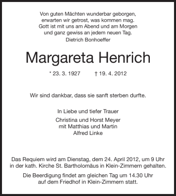 Traueranzeige von Margareta Henrich von Echo-Zeitungen (Gesamtausgabe)