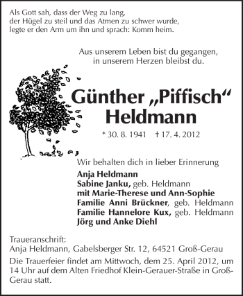 Traueranzeige von Günther Heldmann von Rüsselsheimer Echo, Groß-Gerauer-Echo, Ried Echo