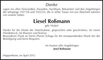 Traueranzeige von Liesel Roßmann von Starkenburger Echo