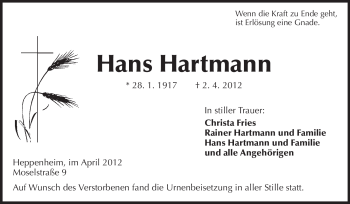 Traueranzeige von Hans Hartmann von Starkenburger Echo