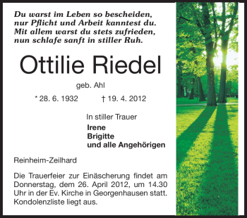 Traueranzeige von Ottilie Riedel von Echo-Zeitungen (Gesamtausgabe)