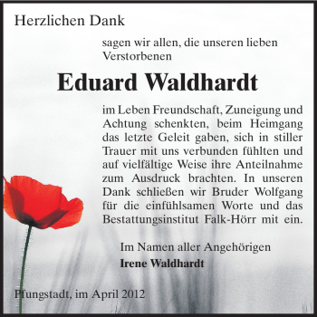 Traueranzeige von Eduard Waldhardt von Echo-Zeitungen (Gesamtausgabe)