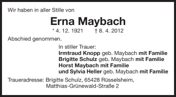 Traueranzeige von Erna Maybach von Rüsselsheimer Echo, Groß-Gerauer-Echo, Ried Echo