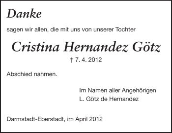 Traueranzeige von Cristina Hernandez Götz von Darmstädter Echo, Odenwälder Echo, Rüsselsheimer Echo, Groß-Gerauer-Echo, Ried Echo