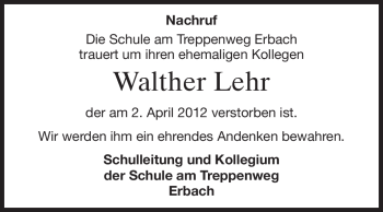 Traueranzeige von Walther Lehr von Odenwälder Echo