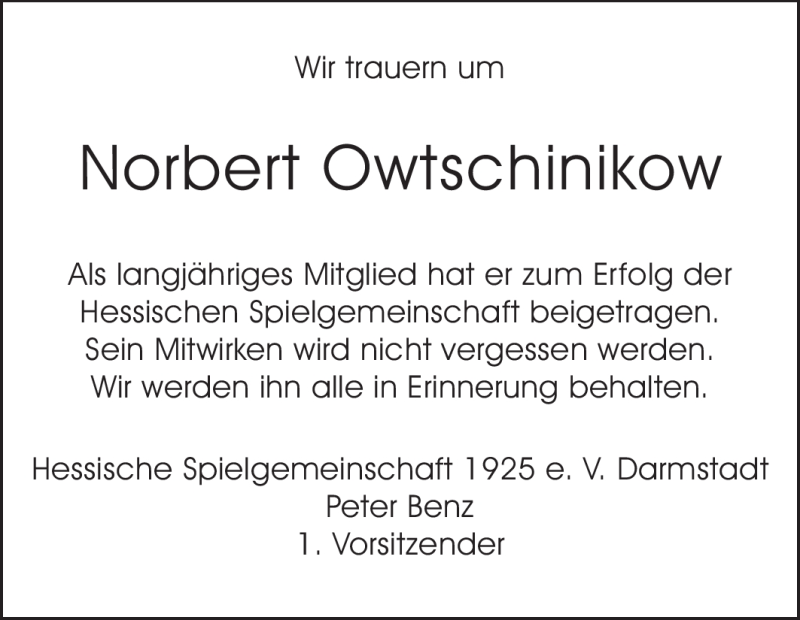  Traueranzeige für Norbert Owtschinikow vom 26.04.2012 aus Echo-Zeitungen (Gesamtausgabe)