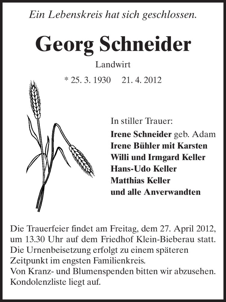  Traueranzeige für Georg Schneider vom 25.04.2012 aus Echo-Zeitungen (Gesamtausgabe)