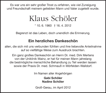 Traueranzeige von Klaus Schöler von Rüsselsheimer Echo, Groß-Gerauer-Echo, Ried Echo