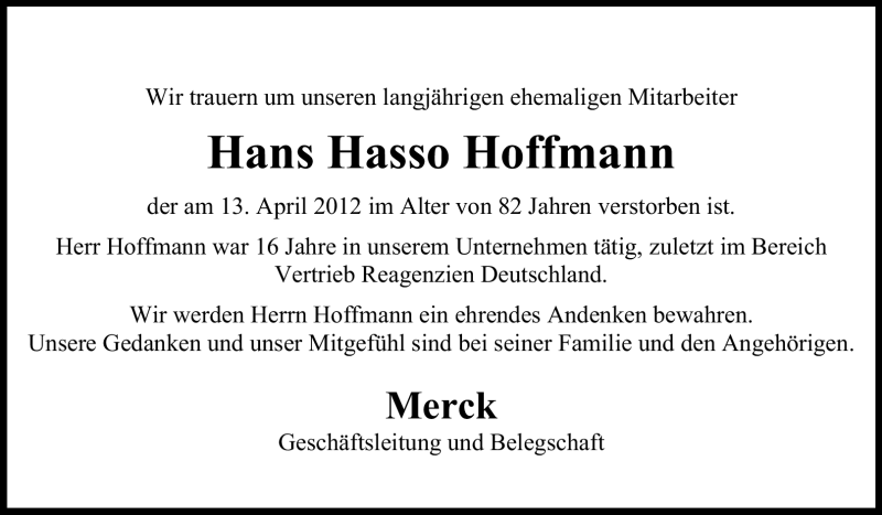  Traueranzeige für Hans Hasso Hoffmann vom 25.04.2012 aus Echo-Zeitungen (Gesamtausgabe)