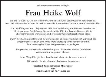 Traueranzeige von Heike Wolf von Rüsselsheimer Echo, Groß-Gerauer-Echo, Ried Echo