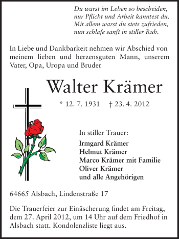 Traueranzeige von Walter Krämer von Echo-Zeitungen (Gesamtausgabe)