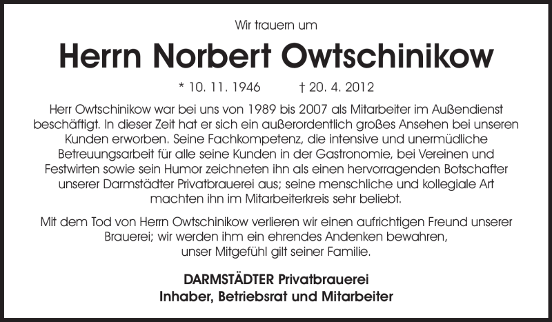  Traueranzeige für Norbert Owtschinikow vom 26.04.2012 aus Echo-Zeitungen (Gesamtausgabe)