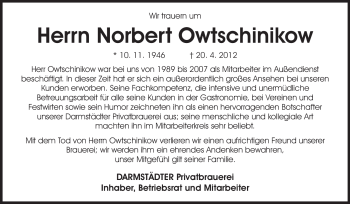 Traueranzeige von Norbert Owtschinikow von Echo-Zeitungen (Gesamtausgabe)