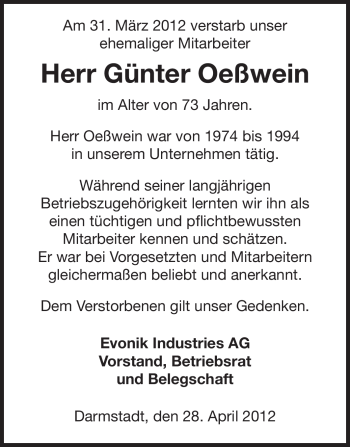 Traueranzeige von Günter Oeßwein von Echo-Zeitungen (Gesamtausgabe)