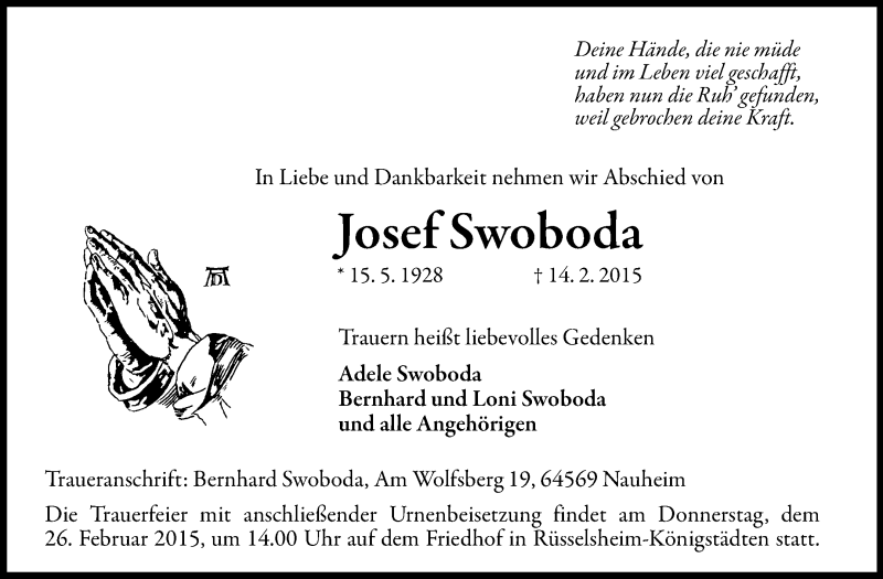  Traueranzeige für Josef Swoboda vom 21.02.2015 aus Rüsselsheimer Echo, Groß-Gerauer-Echo, Ried Echo