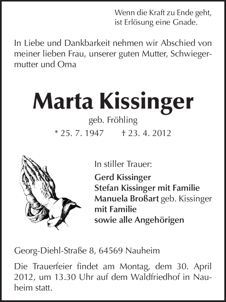  Traueranzeige für Marta Kissinger vom 28.04.2012 aus Rüsselsheimer Echo, Groß-Gerauer-Echo, Ried Echo