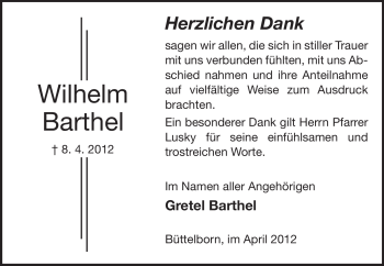 Traueranzeige von Wilhelm Barthel von Rüsselsheimer Echo, Groß-Gerauer-Echo, Ried Echo