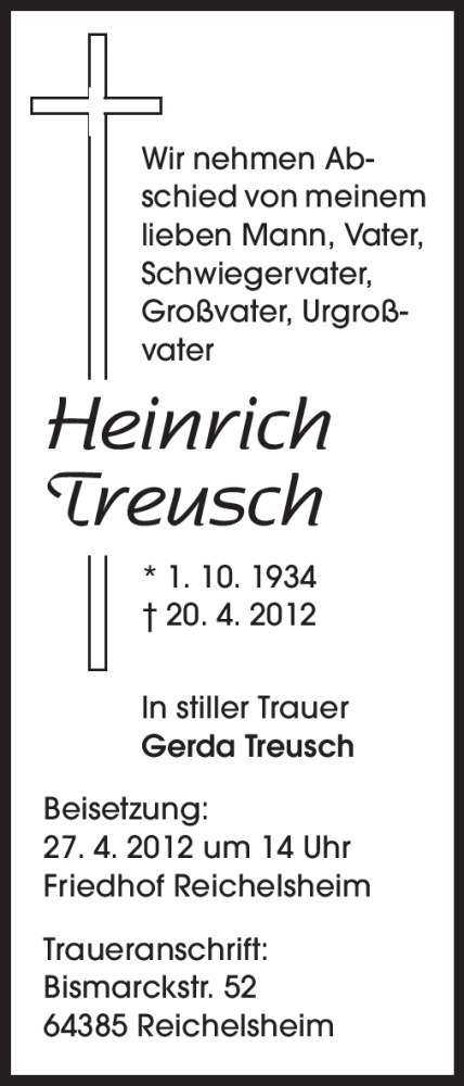  Traueranzeige für Heinrich Treusch vom 25.04.2012 aus Odenwälder Echo