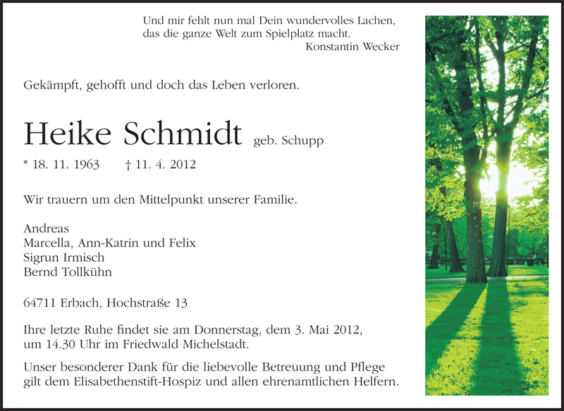  Traueranzeige für Heike Schmidt vom 28.04.2012 aus Darmstädter Echo, Odenwälder Echo, Rüsselsheimer Echo, Groß-Gerauer-Echo, Ried Echo