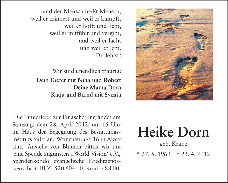  Traueranzeige für Heike Dorn vom 26.04.2012 aus Rüsselsheimer Echo, Groß-Gerauer-Echo, Ried Echo