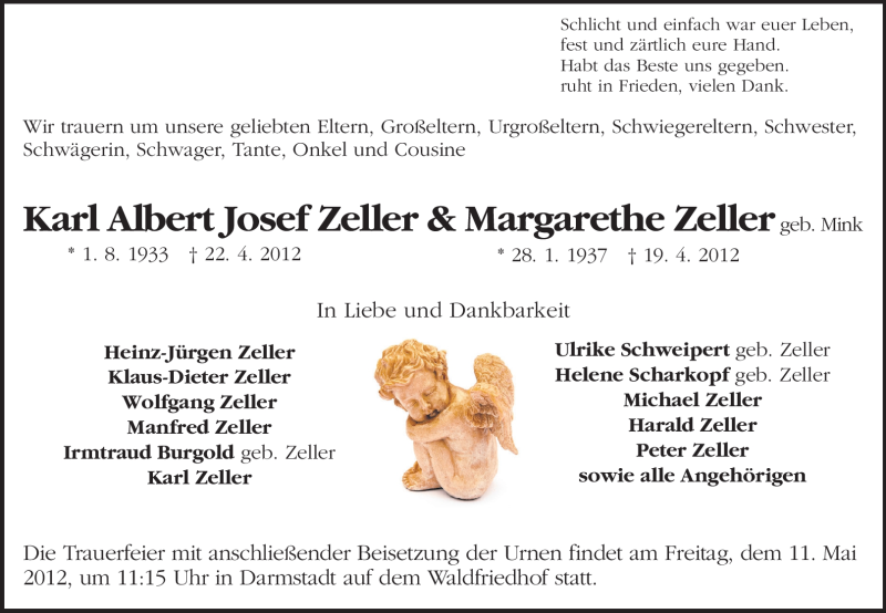  Traueranzeige für Karl Albert Josef und Margarete Zeller vom 28.04.2012 aus Echo-Zeitungen (Gesamtausgabe)