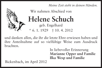 Traueranzeige von Helene Schuch von Echo-Zeitungen (Gesamtausgabe)