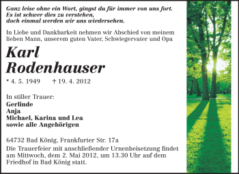 Traueranzeige von Karl Rodenhauser von Odenwälder Echo