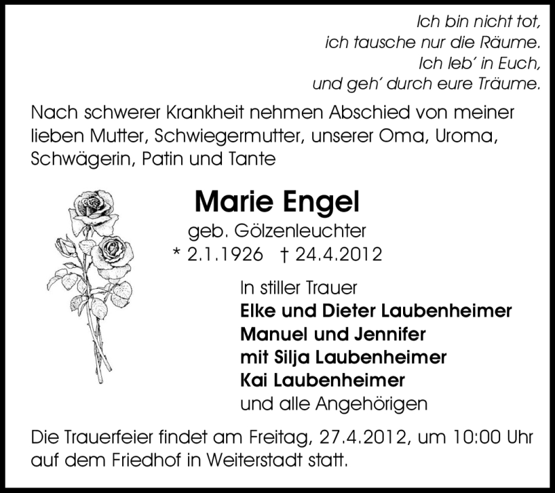  Traueranzeige für Marie Engel vom 26.04.2012 aus Echo-Zeitungen (Gesamtausgabe)