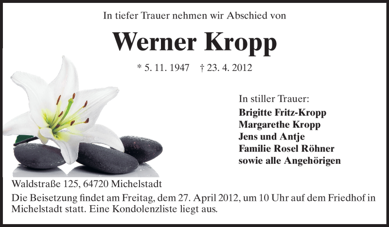  Traueranzeige für Werner Kropp vom 26.04.2012 aus Odenwälder Echo