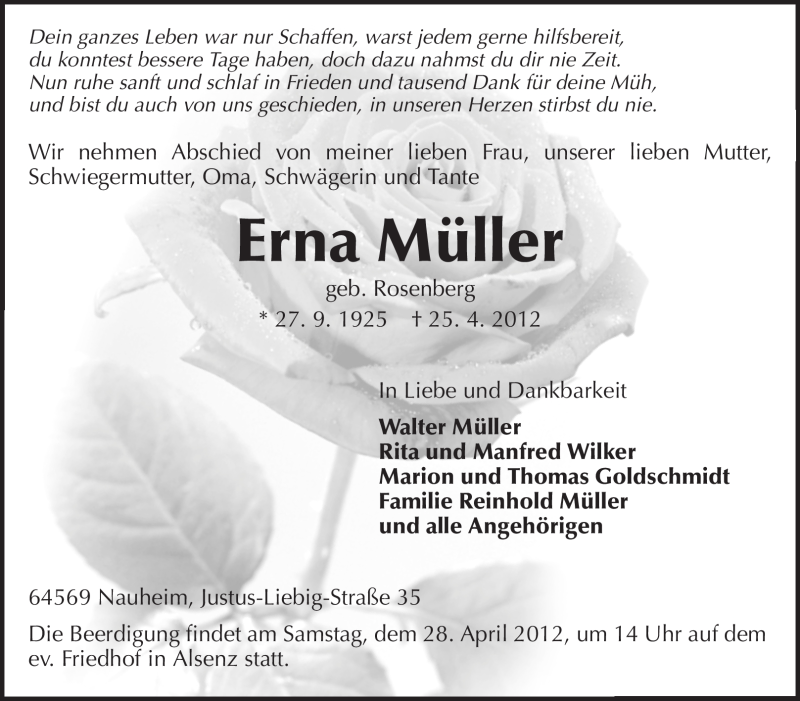  Traueranzeige für Erna Müller vom 26.04.2012 aus Rüsselsheimer Echo, Groß-Gerauer-Echo, Ried Echo