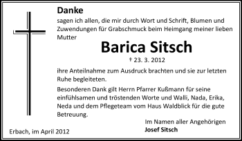 Traueranzeige von Barica Sitsch von Odenwälder Echo