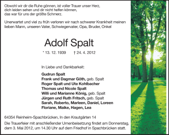 Traueranzeige von Adolf Spalt von Darmstädter Echo, Odenwälder Echo, Rüsselsheimer Echo, Groß-Gerauer-Echo, Ried Echo
