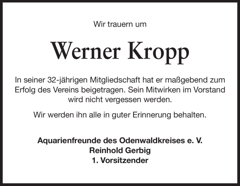  Traueranzeige für Werner Kropp vom 27.04.2012 aus Odenwälder Echo