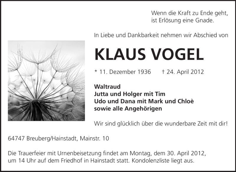  Traueranzeige für Klaus Vogel vom 28.04.2012 aus Odenwälder Echo