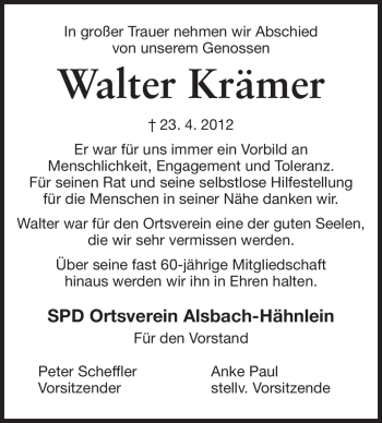 Traueranzeige von Walter Krämer von Echo-Zeitungen (Gesamtausgabe)
