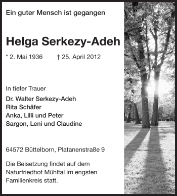Traueranzeige von Helga Serkezy-Adeh von Echo-Zeitungen (Gesamtausgabe)