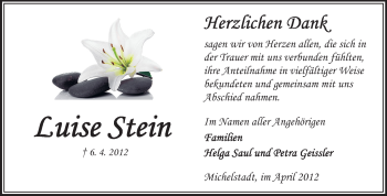 Traueranzeige von Luise Stein von Odenwälder Echo