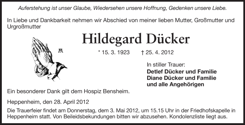  Traueranzeige für Hildegard Dücker vom 30.04.2012 aus Starkenburger Echo