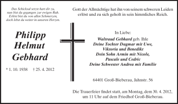 Traueranzeige von Philipp Helmut Gebhard von Darmstädter Echo, Odenwälder Echo, Rüsselsheimer Echo, Groß-Gerauer-Echo, Ried Echo