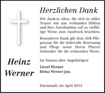 Traueranzeige von Heinz Werner von Darmstädter Echo, Odenwälder Echo, Rüsselsheimer Echo, Groß-Gerauer-Echo, Ried Echo