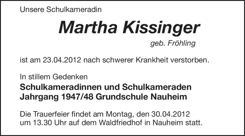  Traueranzeige für Martha Kissinger vom 28.04.2012 aus Rüsselsheimer Echo, Groß-Gerauer-Echo, Ried Echo
