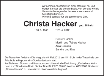 Traueranzeige von Christa Hacker von Starkenburger Echo