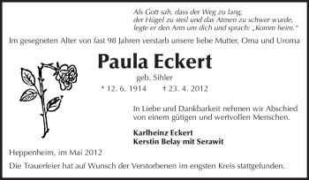 Traueranzeige von Paula Eckert von Starkenburger Echo